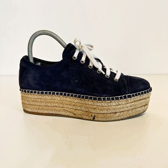 Miu Miu Blue Suede Lace Up Espadrille Platform Creeper Sneakers - Picture 2 of 9